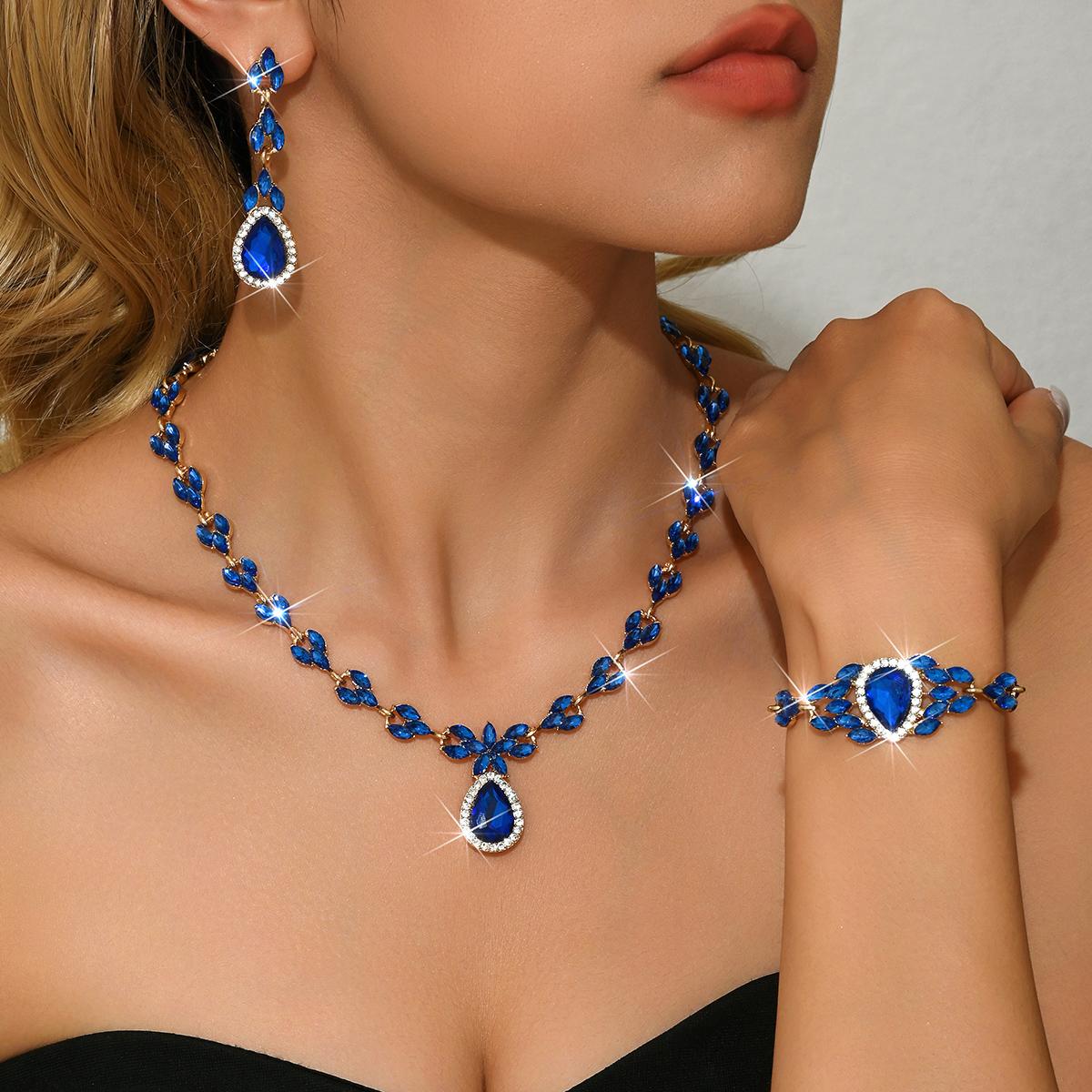 European and American New Luxury Full Diamond Bow Water Drop Set Three Piece Wedding Banquet Versatile Necklace for Women
