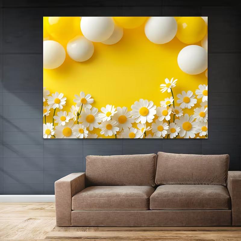 Lebendiger Gelber Gänseblümchen- und Luftballon-Hintergrund, Florale Szene, Fotografie-Hintergrundtuch