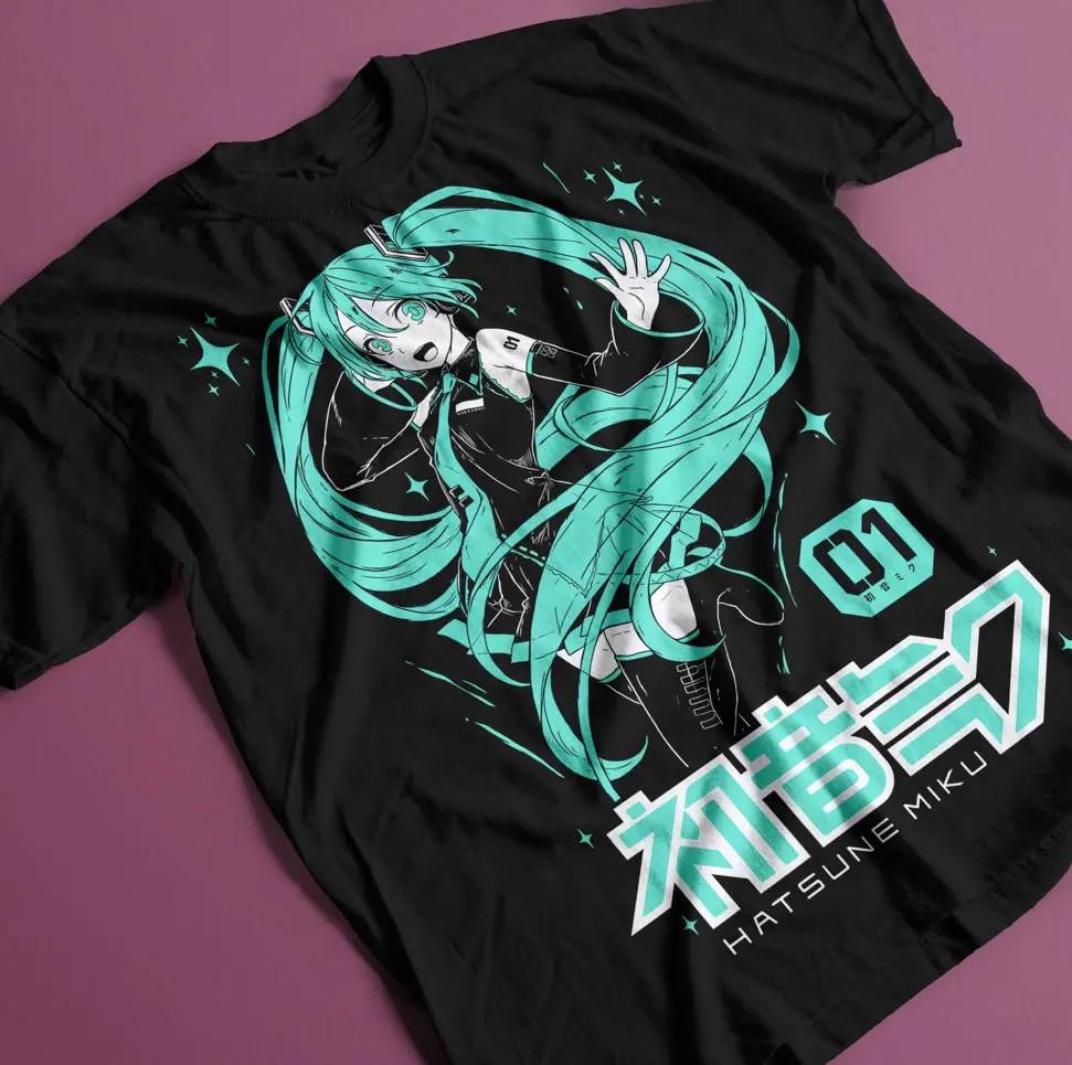 Hatsune Miku O Som do Futuro Anime Gráfico Camiseta de Algodão para Mulheres Verão 2026 Casual Estilo de Rua Manga Curta Preta