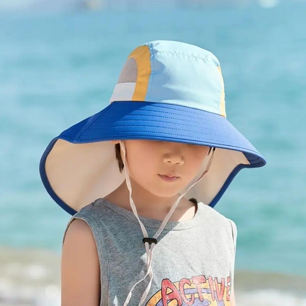New Neck Flap Baby Sun Hat Polyester with Strap Bucket Hat UV Protection Breathable Wide Brim Beach Hats for Boys Girls