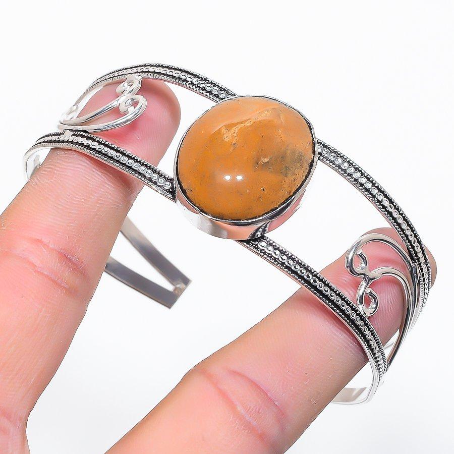 Natural Fossil Coral Gemstone 925 Sterling Silver Cuff Bangle Adjustable T6D13