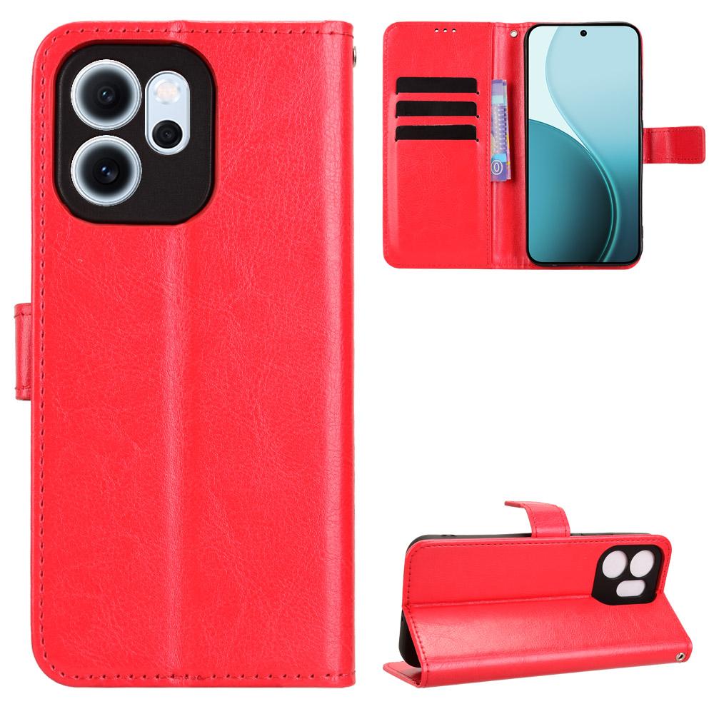 

Для Oppo Reno 14F 5G Чехол из ПУ кожи с ремешком Текстура Crazy Horse Чехол-кошелек для телефона Red