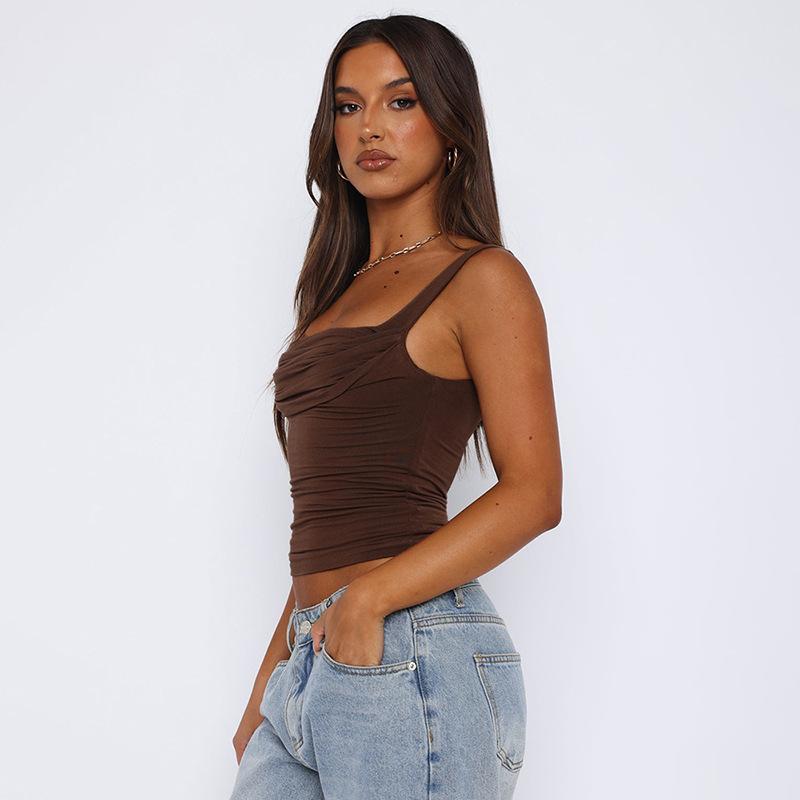 GMXIA Women's Spring Halter Slim Solid Color Patchwork Pleated Halter Vest T-shirt Top