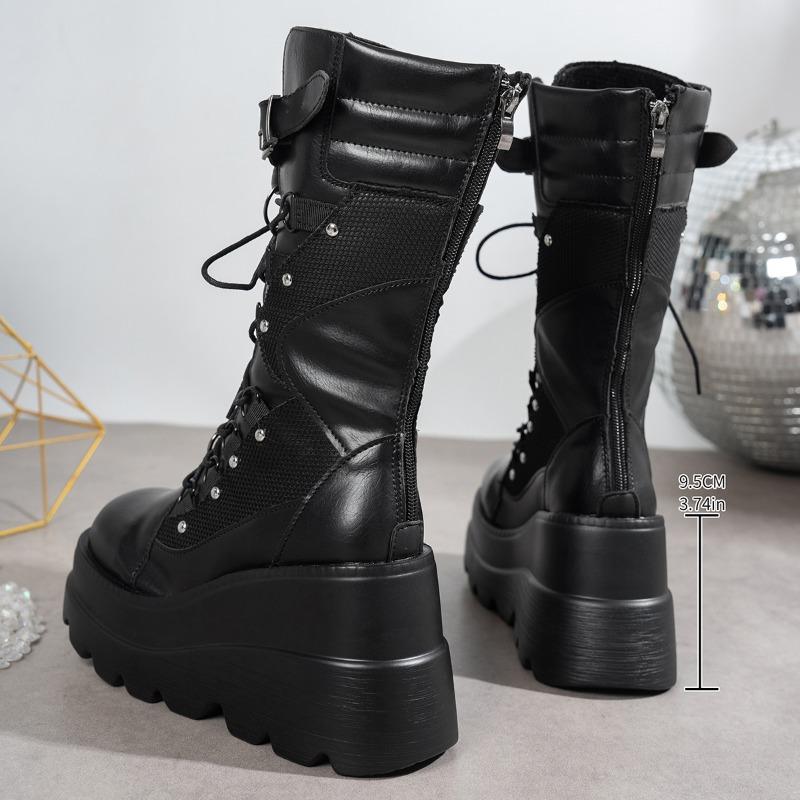 Mittelhohe Stiefel Mode Runde Spitze Schnürung Plateau Nieten Rutschfest Verschleißfest Damenstiefel