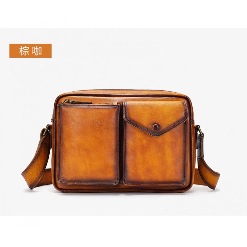 Leather Men's Casual Travel Shoulder Bag Large Capacity Retro Portable Crossbody Small Square