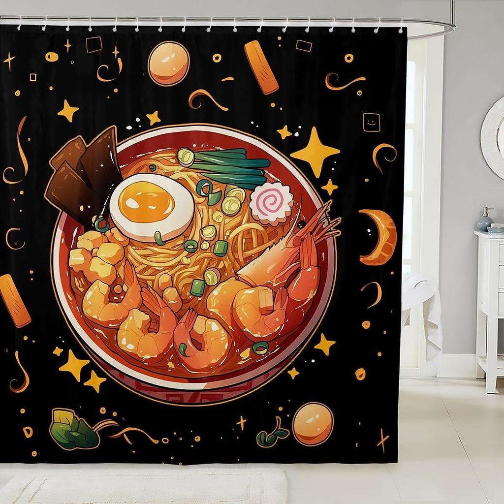 Ramen Noodle Shower Curtain Set Bathroom Decor for Kids Girls Boys,Japanese Style Bathroom Set Funny Food Fabric Shower Curtain