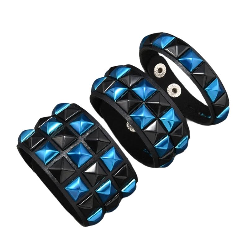 3Pcs Punk Bracelets for Night Activities Square Stud Leather Wrist Chain Comfortable Design Lightweight Wear Bangle