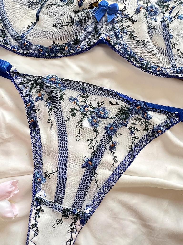 Floral Embroidered See-Through Lingerie Set with Sexy Gathering Bra for Women