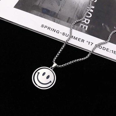Versatile Smiley Face Double-Sided Rotating Titanium Steel Pendant Necklace for Women - Trendy Hip Hop Sweater Chain