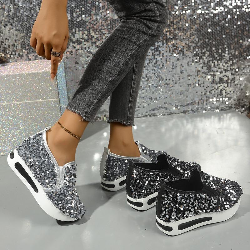 Large Size Temperament Sequined Casual Single Shoes for Women's Autumn New Breathable and Lightweight Height-increasing Single Shoes