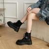 Høst Snørestøvler Dame Casual Firkantet Hæl 2024 Motesko Dame Lær Chelsea Punk Dame Goth Sko Plattformstøvler