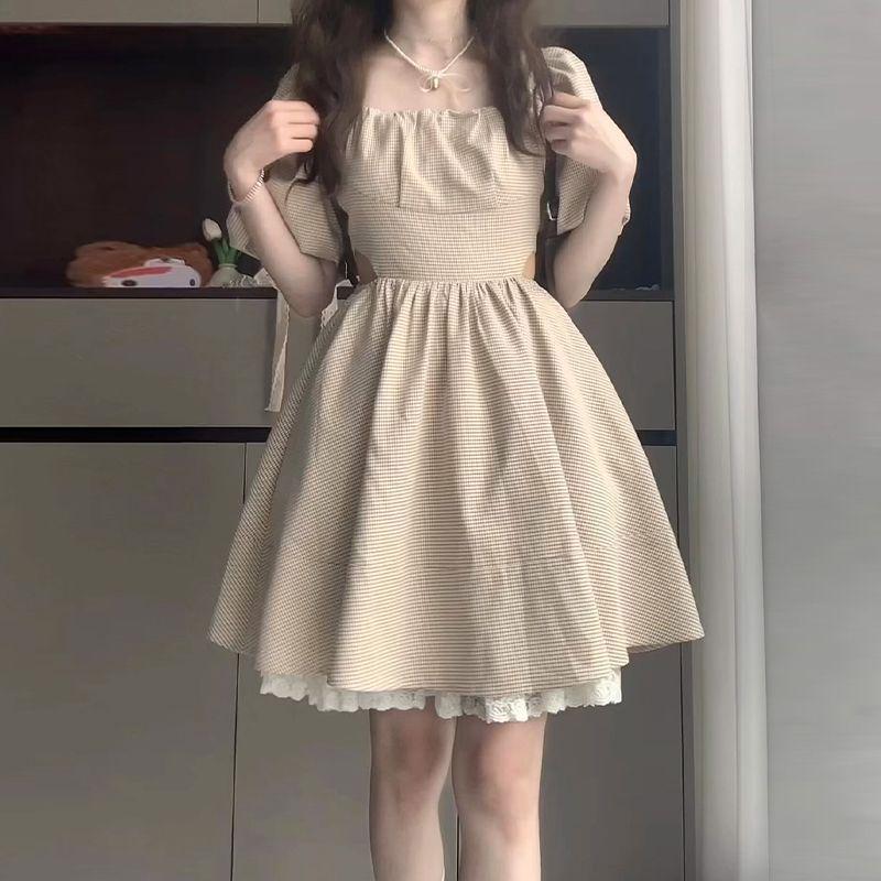 French Elegant Puff Sleeve Square Neck Dress - Summer 2026 Collection, Petite Waist-Cinched Short Skirt 2XL