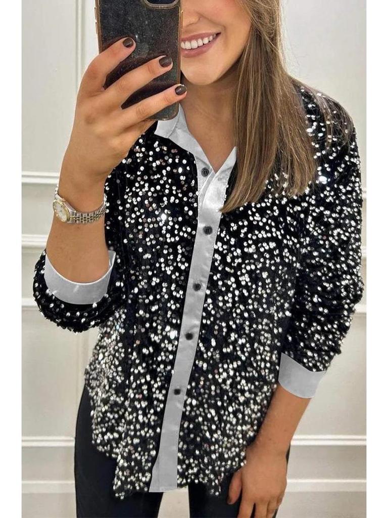 2026 Autumn/Winter Women's Loose Fit Sequin Long Sleeve Shirt