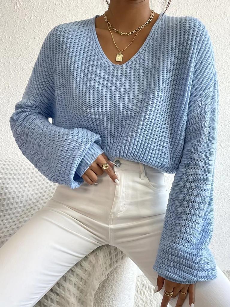 Knitted women's clothing Europe and America 2026 autumn new solid color V-neck lantern long-sleeved pullover sweater