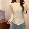 French shoulder long-sleeved top T-shirt for women in autumn and winter plus velvet small stand-up collar suit with fishbone waist bottoming shirt