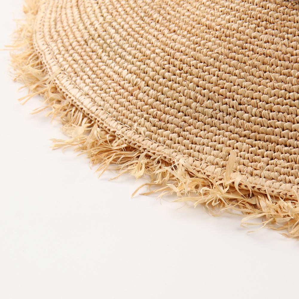 Raffia Bucket Hand-Hooked Raffia Straw Bucket Hat for Women, Wide-brim Foldable Straw Hat, Rounded Vacation Sun Hat