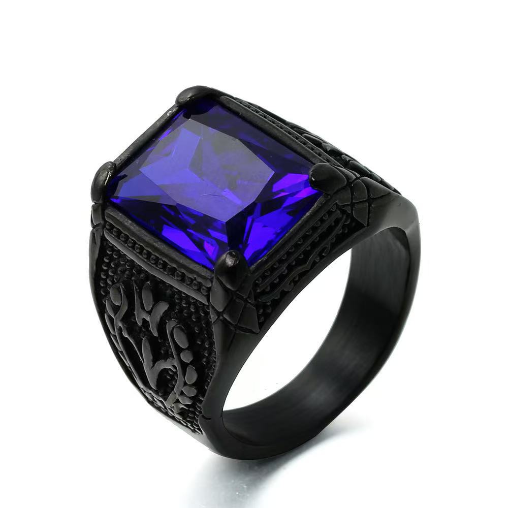 Vintage Big Green/Black/Red/Blue Color Stone Rings for Men Stainless Steel Fashion Punk Handmade Carved Tulip Ring Party Jewelry