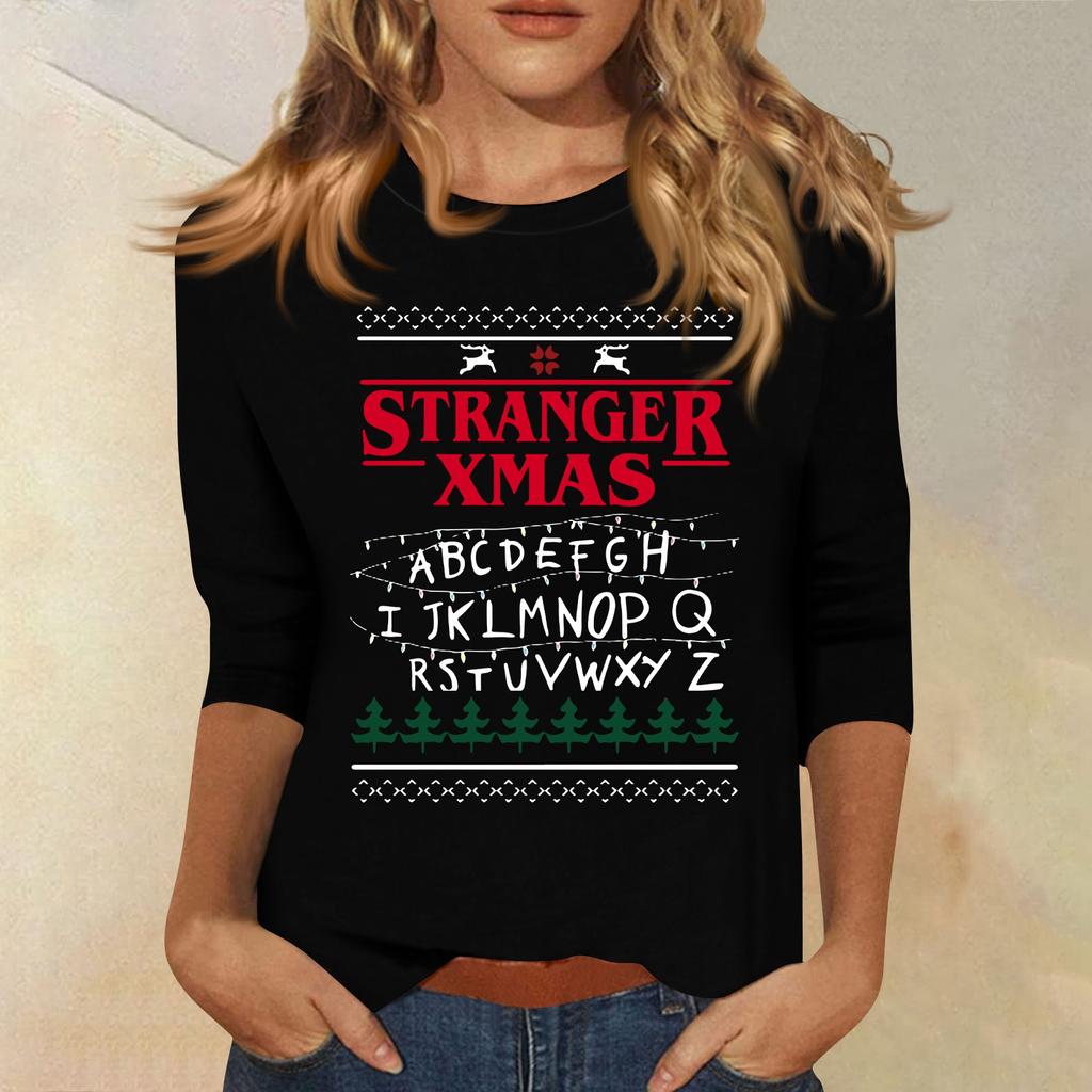 Bluze cu mânecă 3/4 pentru femei Tricou Casual Topuri cu imprimeu Tricou Gât rotund Pulover Bluză