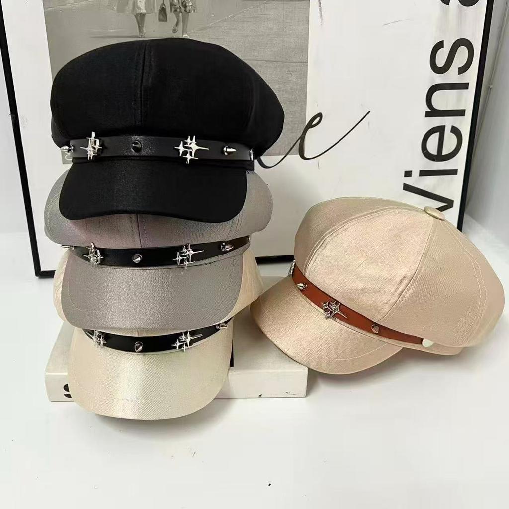 New Metal Standard Octagonal Hat Female Face Small Beret Casual Versatile Temperament Newsboy Hat English Letters