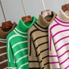Women's Autumn and Winter Knitwear Pullover Contrasting Striped Turtleneck Sweater Is Loose and Casual