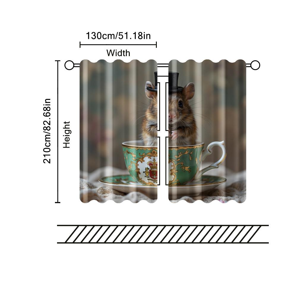 Filtering Curtains Excluding Rods Non Movable Without Batteries Whimsical Mouse Tea Cup Use Bedrooms Curtain Set Of 2 Made Polyester Washable Sleeping