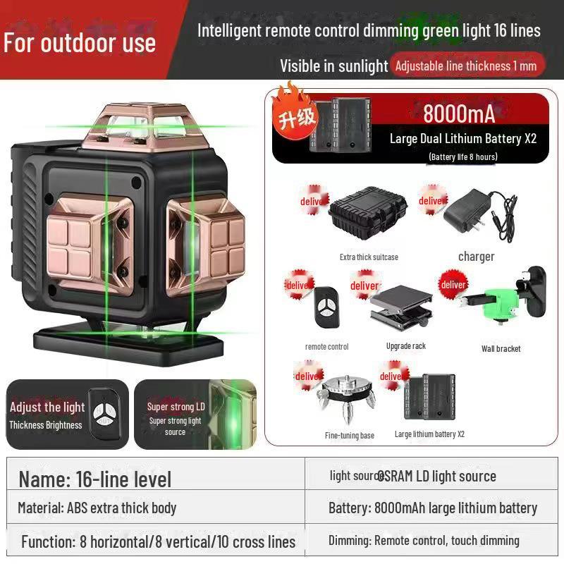Autocolante de perete cu nivel laser verde de înaltă precizie, cu 16 linii, pentru utilizare în aer liber