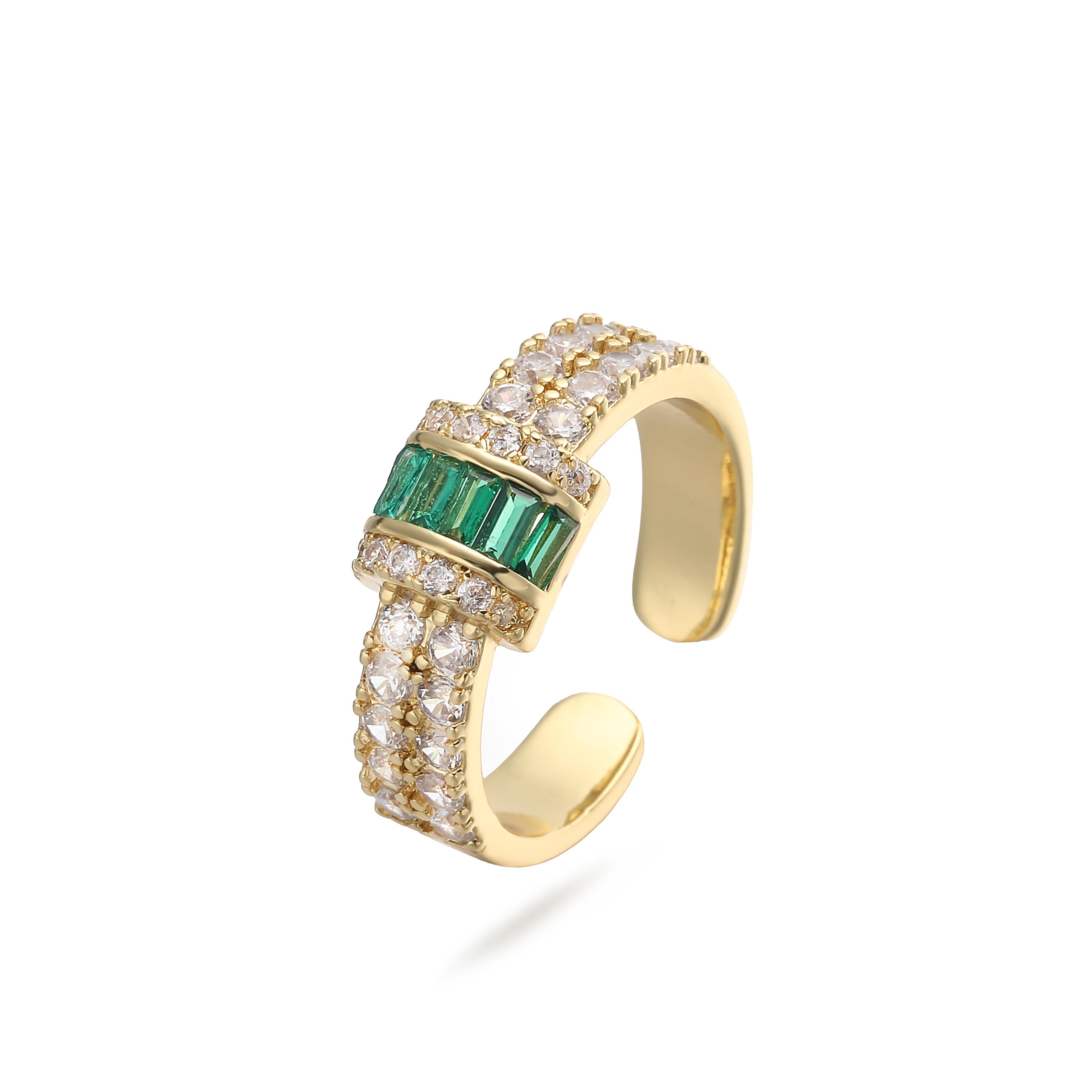 Luxury Baguette Cut Green CZ Pave Open Ring 18K Gold Plated Brass Statement Cocktail Ring for Women Weddings & Elegant Gifts resizable