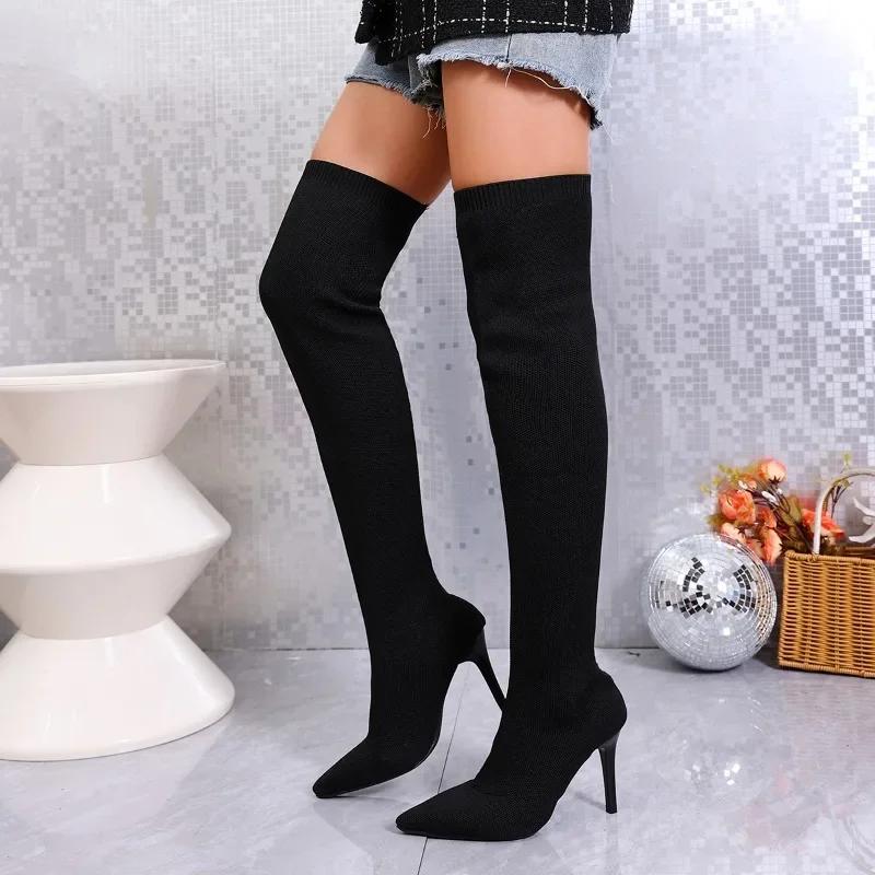 Fashion Women's Slim Heel Boots Winter New Mesh Cloth Breathable Over The Knee Anti-slip Wear-resistant Elastic Boots