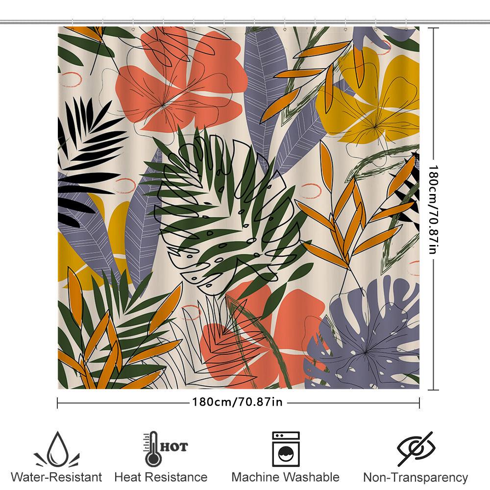 Modern Tropical Print Shower Curtain with Green Leaves Waterproof Fabric for Bathroom Decorations