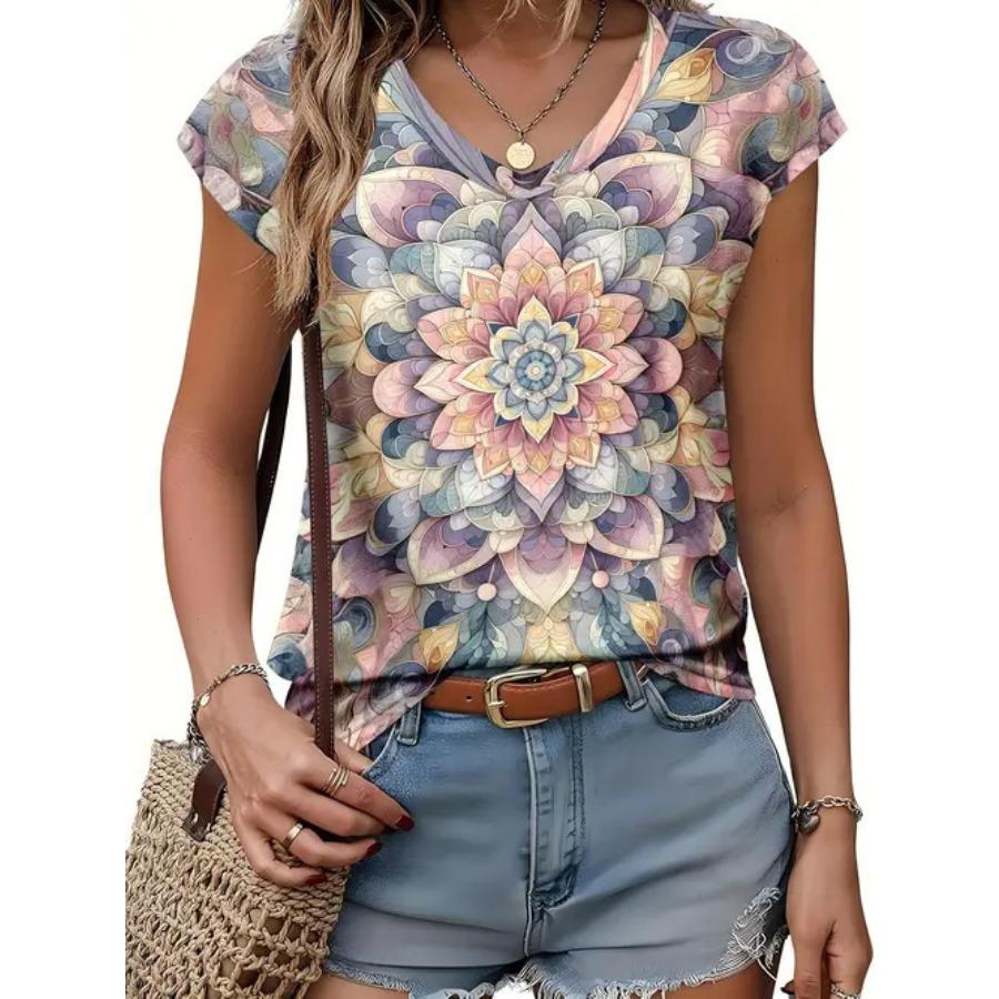 

винтажная женская футболка с цветочным принтом, с коротким рукавом, с V-образным вырезом, топы, удобные футболки 5XL