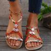 Bohemian Metal Decoration Woven Strap Sandals Summer Round Toe Low Heel Ankle Strap Sandals Color Printing Beach Shoes