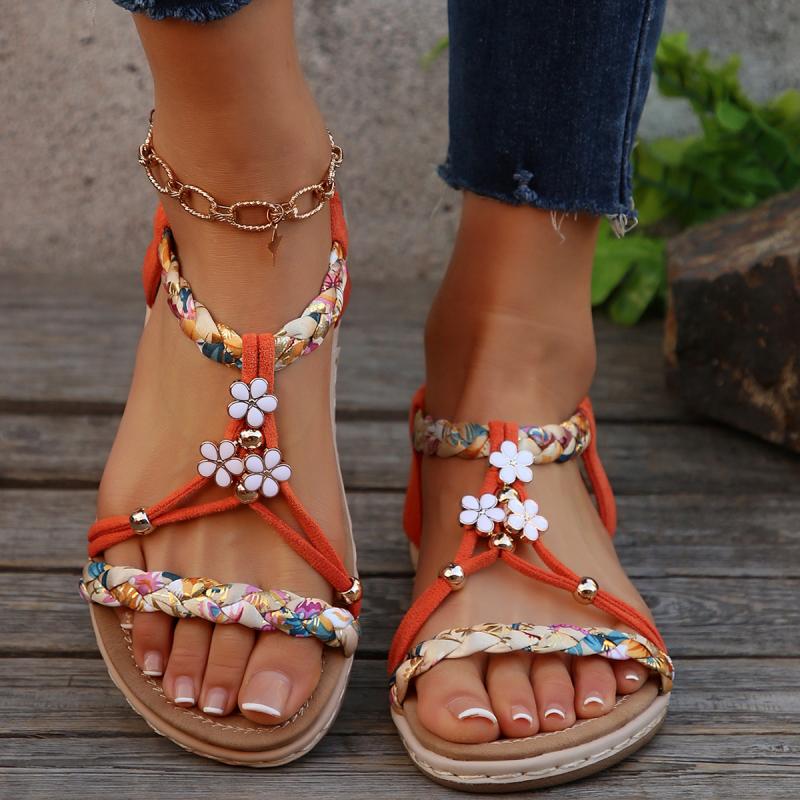 Fashion Bohemian Metal Decoration Woven Strap Sandals Summer Round Toe Low Heel Ankle Strap Sandals Fashion Color Printing Beach Shoes