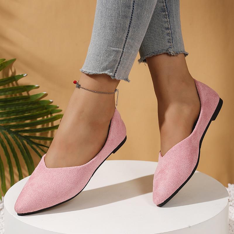 Large size pointed flat bottom shallow mouth single shoes women's new four-season suede flat heel work ladyshoes