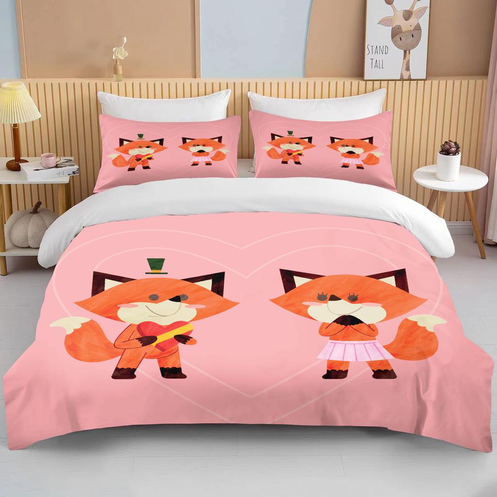 Niedliches Cartoon-Tierpaar Doppelbett-Bettdeckenset Bett Europäisches Bettwäscheset Heimtextilien Luxus-Kissenbezug Schlafzimmer-Bettwäscheset