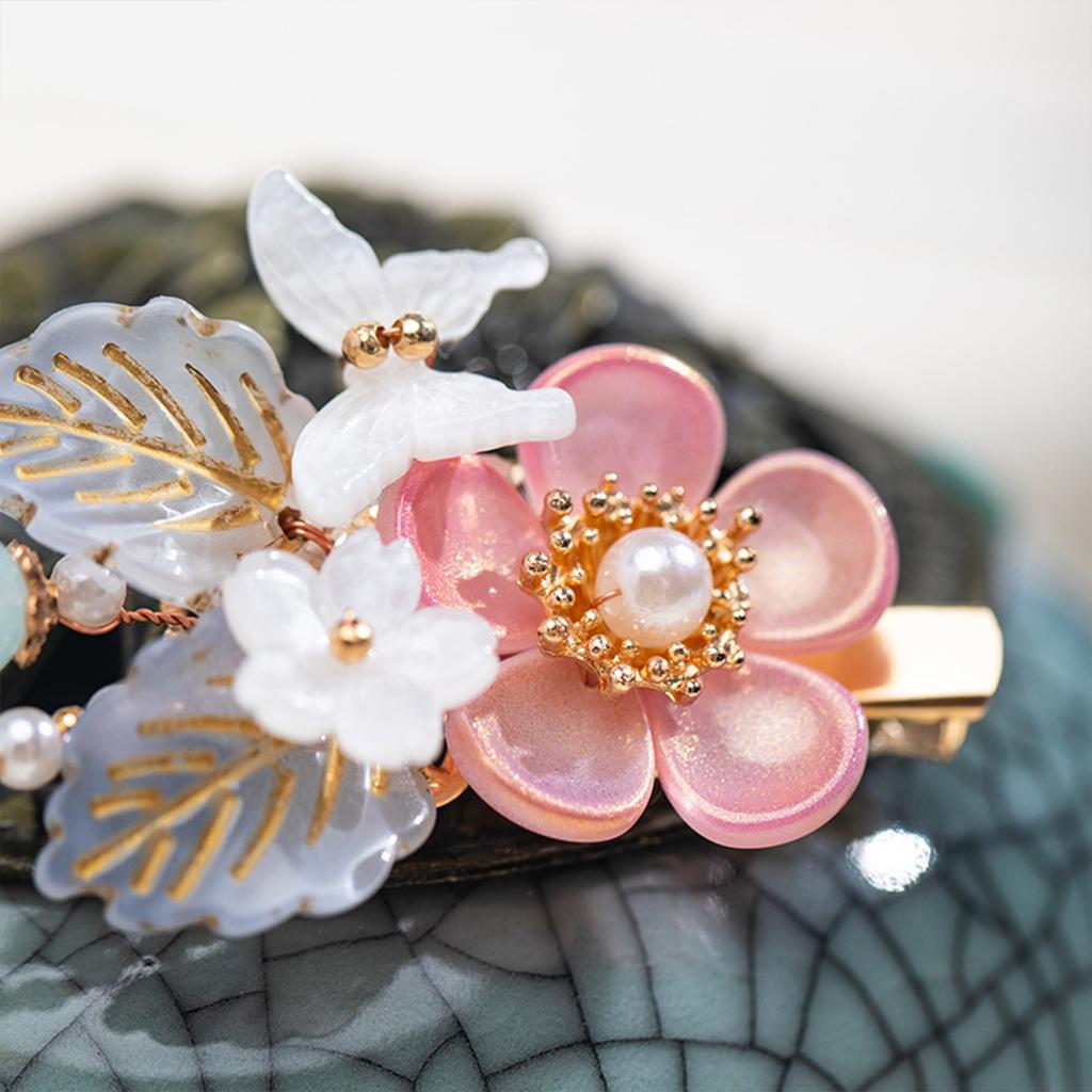 1 Pair Ancient Flowers Hair Pins Pink Resin Flower Hair Clips Crystal like Blossom Hairpins for Women Girls Hair Accessories