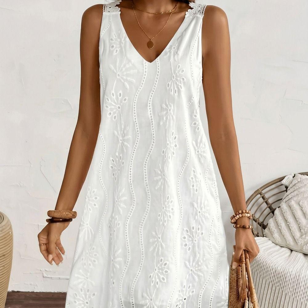 A-line V-Neck Lace Dress Beauty Back Solid White Dress Casual Mid Dress Garden Vacations