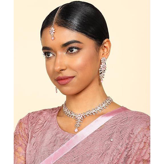Diamond Necklace Jewellery Set for Women with Earrings and Maang Tikka for Wedding, Party, Engagements & Festivals