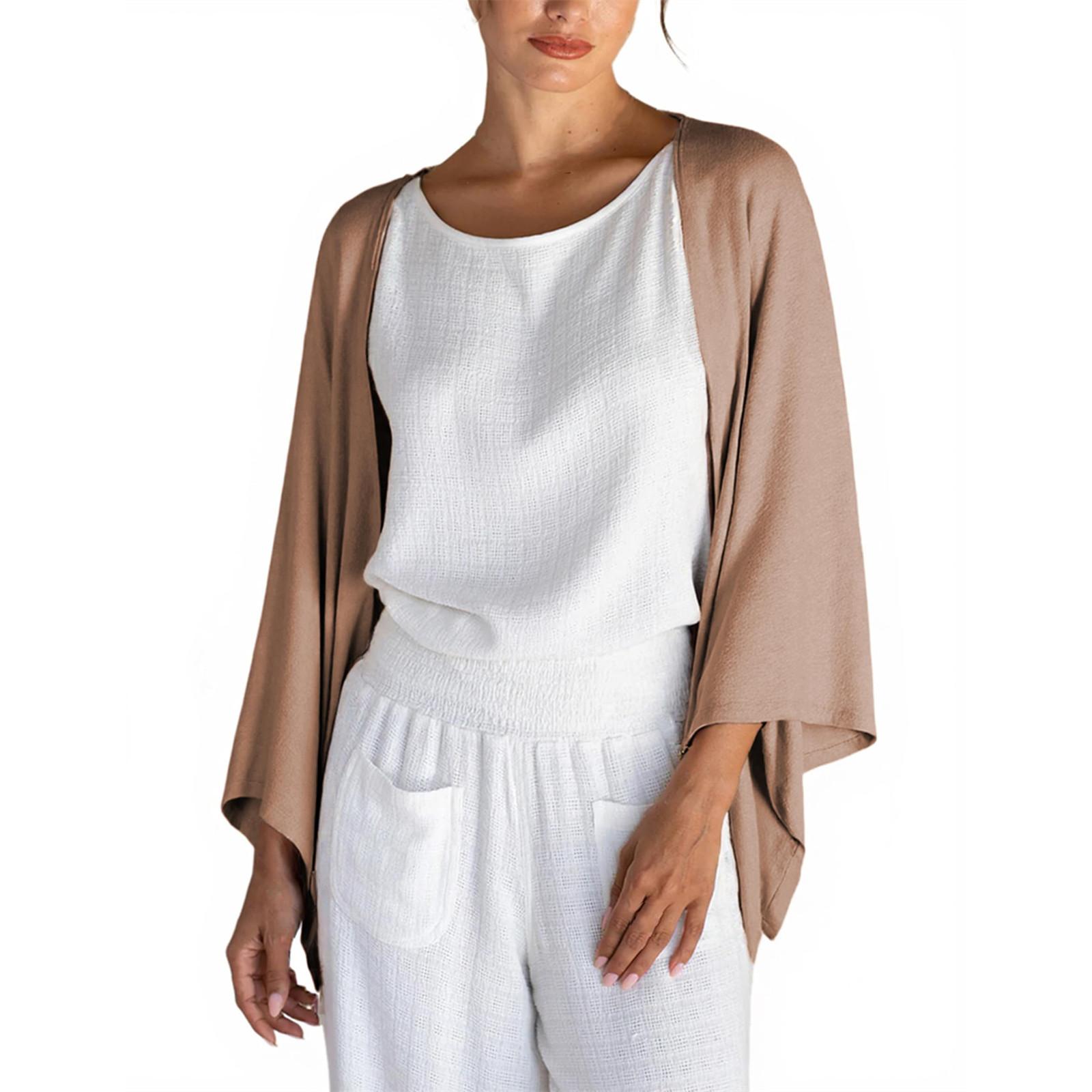 

Женский льняной кардиган с рукавом 3/4, открытый спереди, свободный, легкий L верблюд