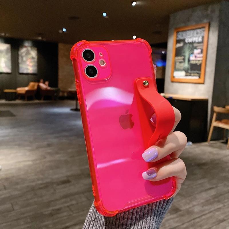 Soft Wrist Strap Phone Case For iPhone 11 12 13 14 15 16 17 Pro Max X XR Xs Max Plus Kickstand Transparent Bumper  Cover