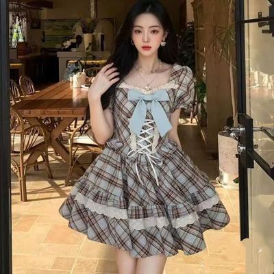 New Sweet Age-reducing Small Retro Plaid Lace Bow Strap Waist Square Neck Princess Dress