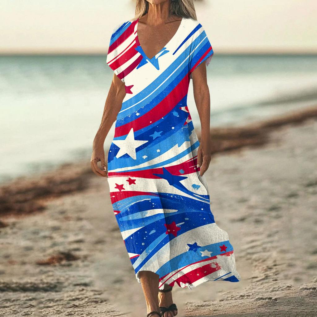 Sommerkleid Damen Lang Strandkleid Elegantes Kleid V-Ausschnitt Kurzarm Sommerkleid Leicht Luftig