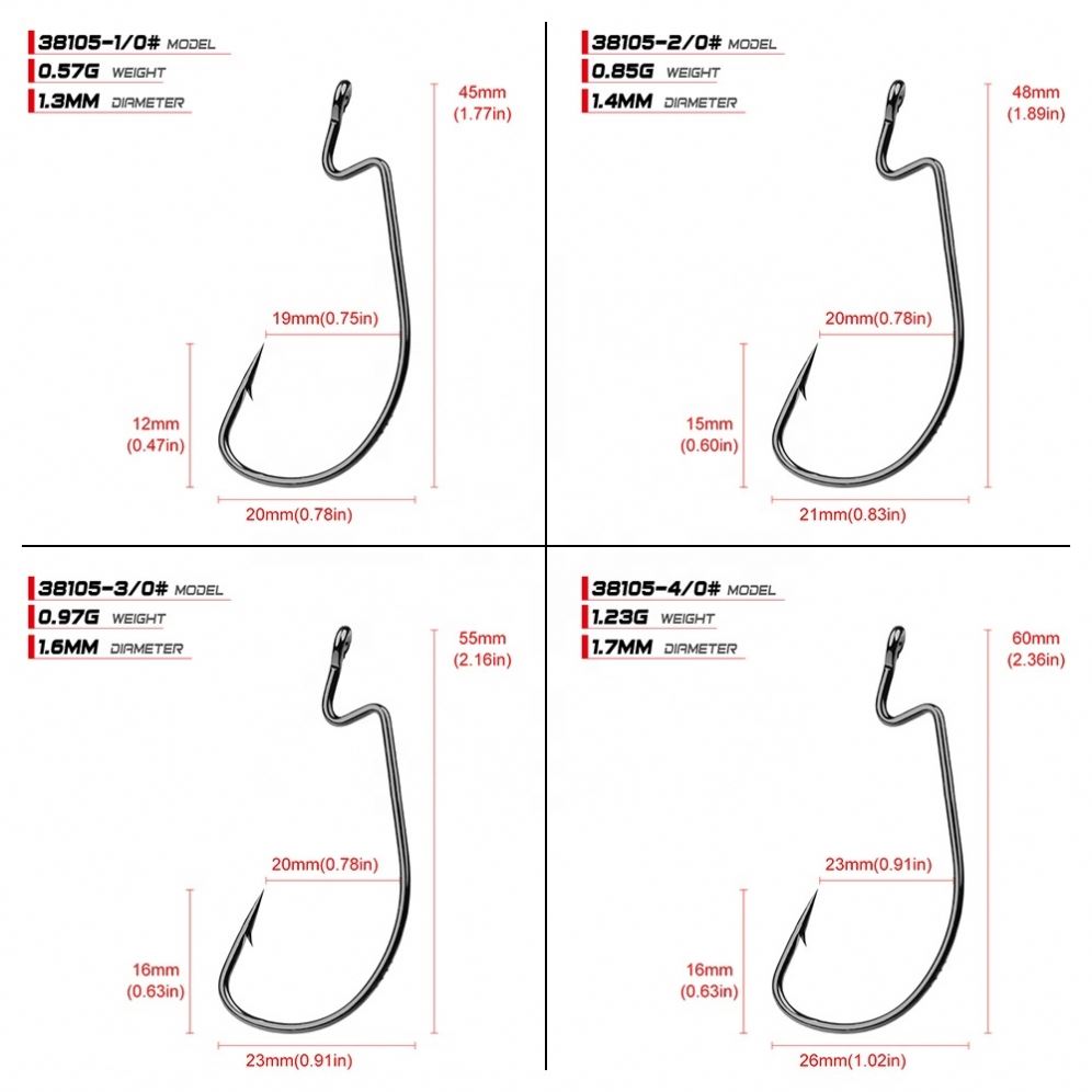 100pcs/bag Wide Gaps Offset Worm Fishing Hooks 38105 1/0-5/0 Jig Fishing Hooks Set Fishhook Bass for Fishing Lure
