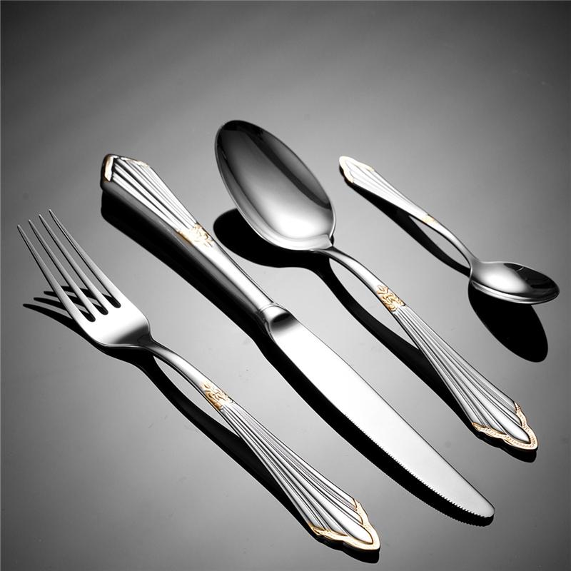 Palace Embossed 304 Stainless Steel Cutlery Set Gold Plated Wedding Table Decoration Forks and Spoons Knifves Luxury Dinnerware