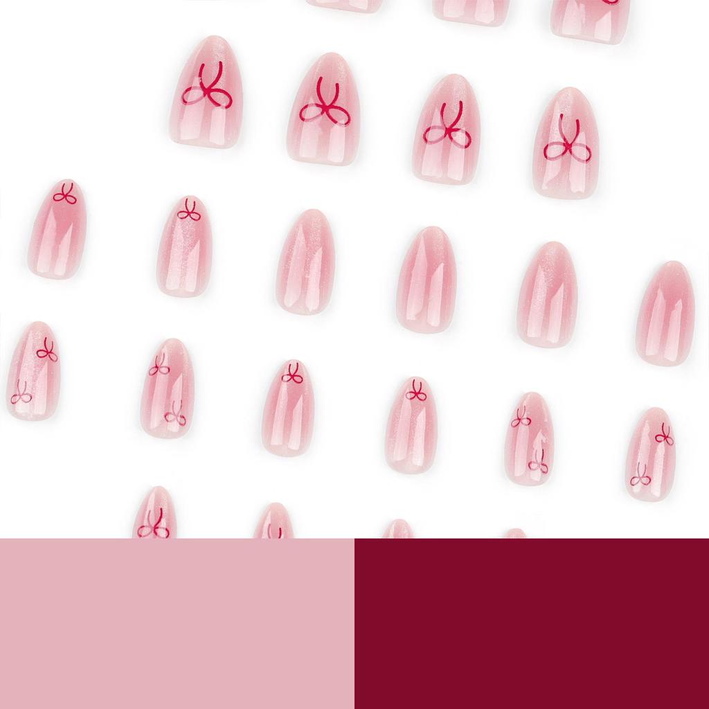 24-Piece Pink Cat Eye Press-On Nails with Bow Design