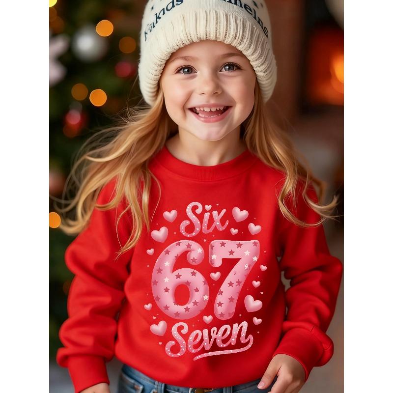 Kids Unisex Crewneck Sweatshirt, Pink Star Heart 67 Six Seven Cute Girly Graphic Long Sleeve Pullover, Soft Fleece Sweatshirts for Boys Girls Ages 4+