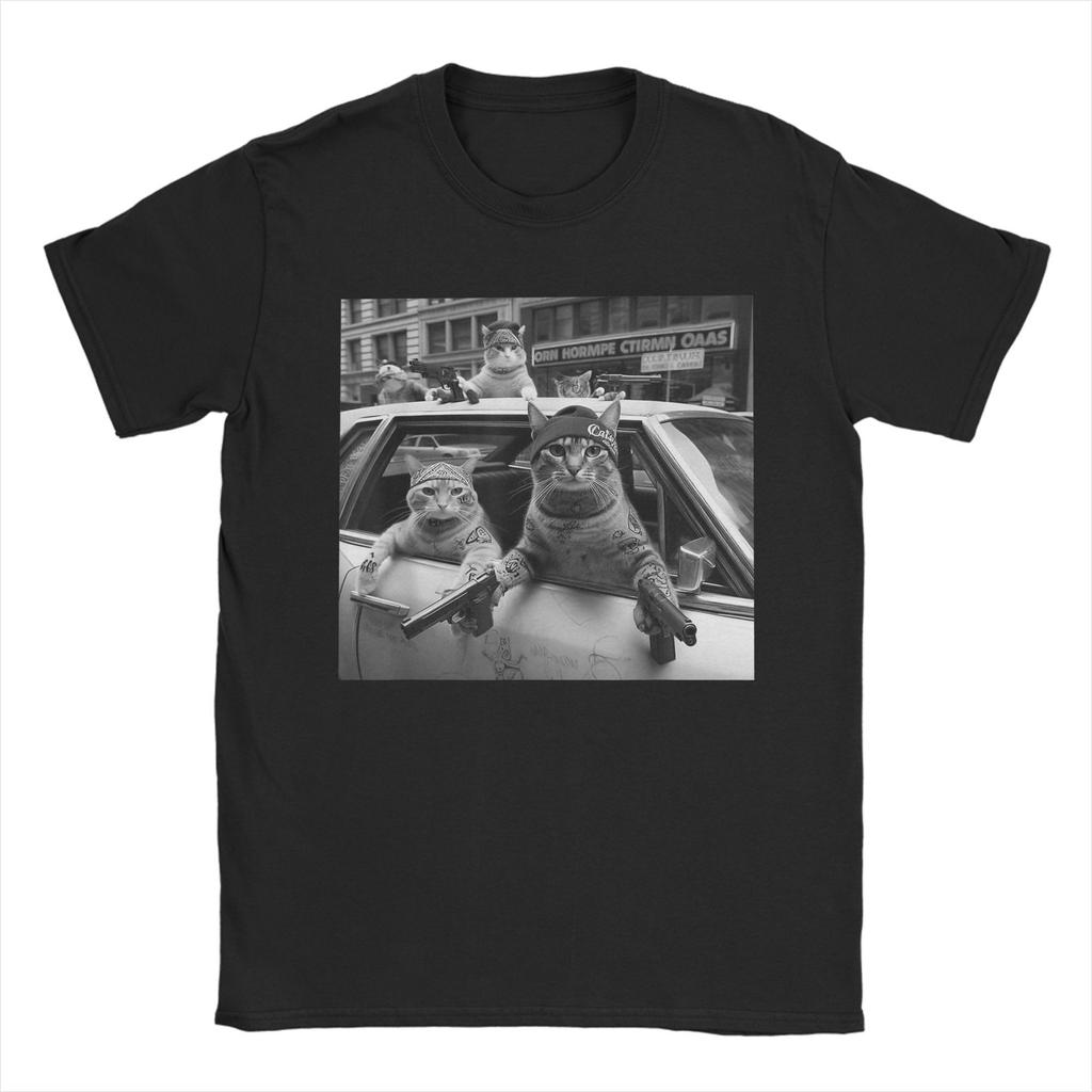 Funny Gangster Cats Street Desig T-Shirts for Men Hipster Pure Cotton Tees Round Collar Short Sleeve T Shirts Plus Size Clothes