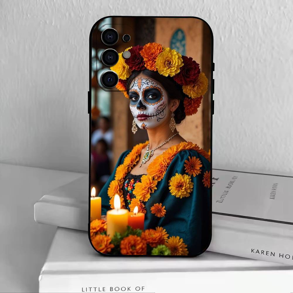 Day of the Dead Skull Phone Case For Samsung S25,S24,S21,S22,S23,S30,Ultra,S20,Plus,Fe,Lite,Note,10,Black Cover