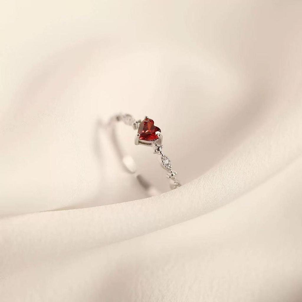 Elegant Japanese Style Heart Ring - 925 Sterling Silver with Red Stone, Open Design for Girls, Simple and Fresh.