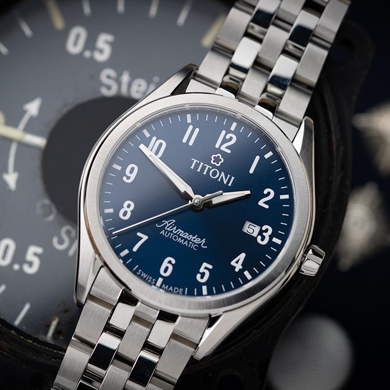 TITONI Plum Blossom Airmaster Series Automatic Mechanical Movement Fashionable Casual Blue Dial Stainless Steel Case Stainless Steel Strap 83906 S-701