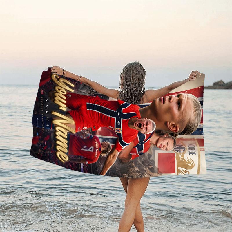 1pc Haaland Beach Towel with Custom Name, Beach and Seaside Swimming Pool Equipment, Fashion Pattern, Rectangular, Travel Essential